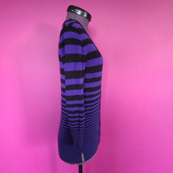 "Baby Blue" purple & black striped v-neck button-up cardigan - Picture 2 of 6